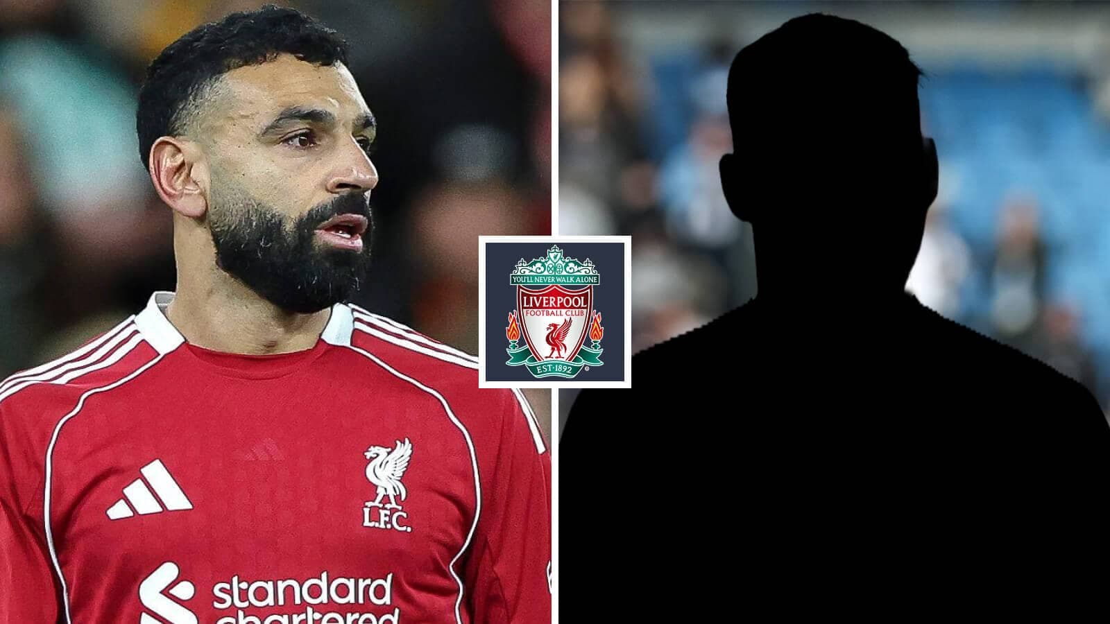 Mohamed Salah en uniforme de Liverpool, silueta a un lado