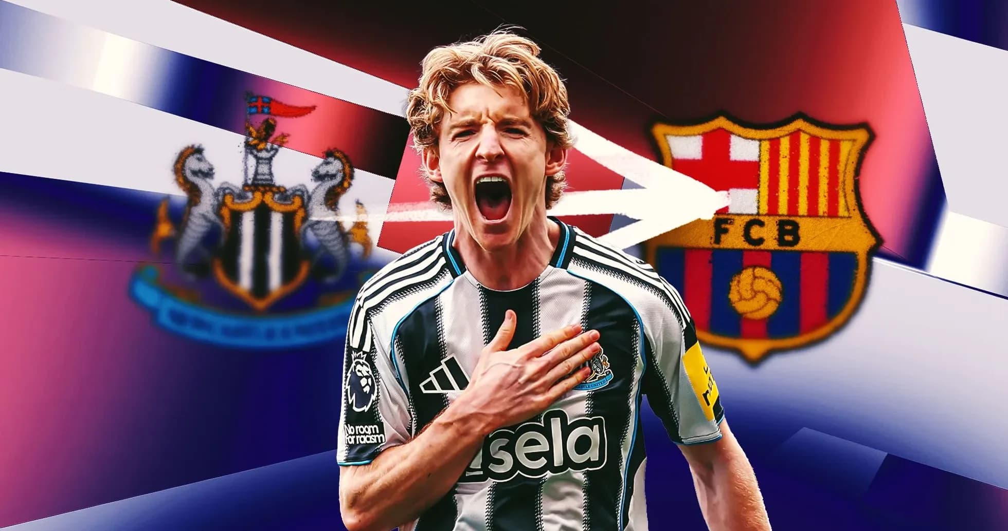 Jugador de Newcastle celebrando con escudos de clubes