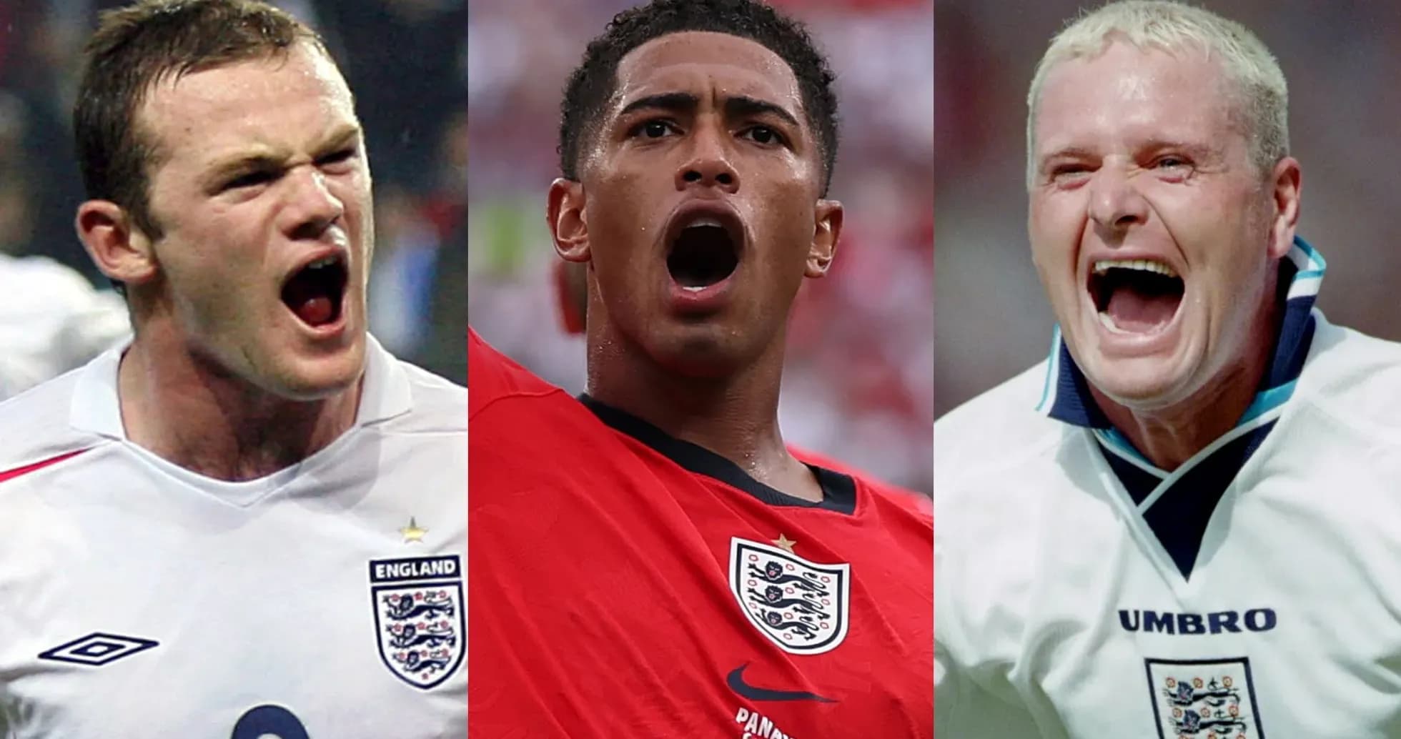 Tres futbolistas ingleses celebrando con entusiasmo