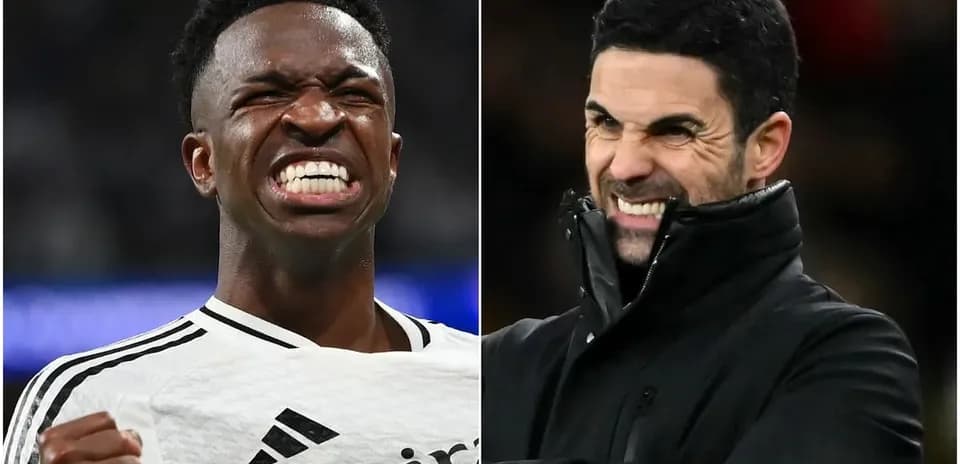 Vinícius Jr. celebrando y Mikel Arteta reaccionando