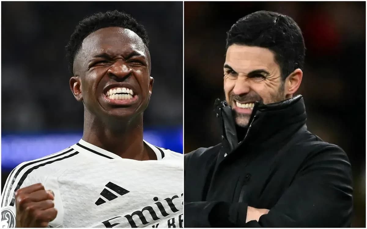 Vinícius Jr. celebrando y Mikel Arteta reaccionando