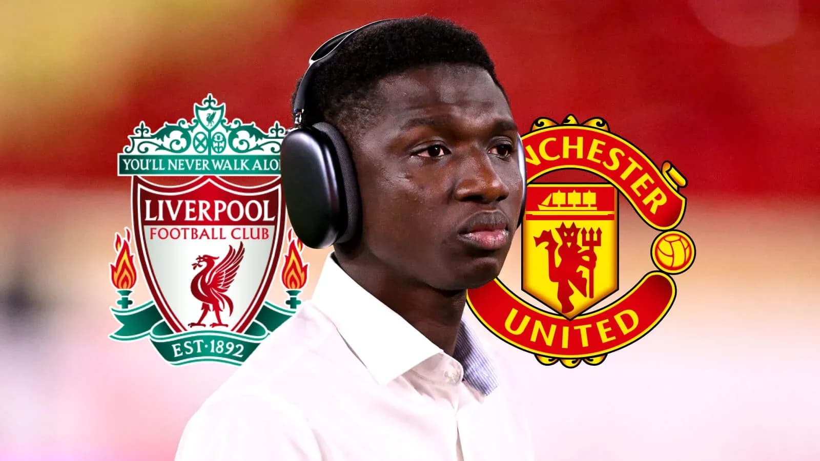 Jugador con auriculares frente a logos de Liverpool y Manchester United