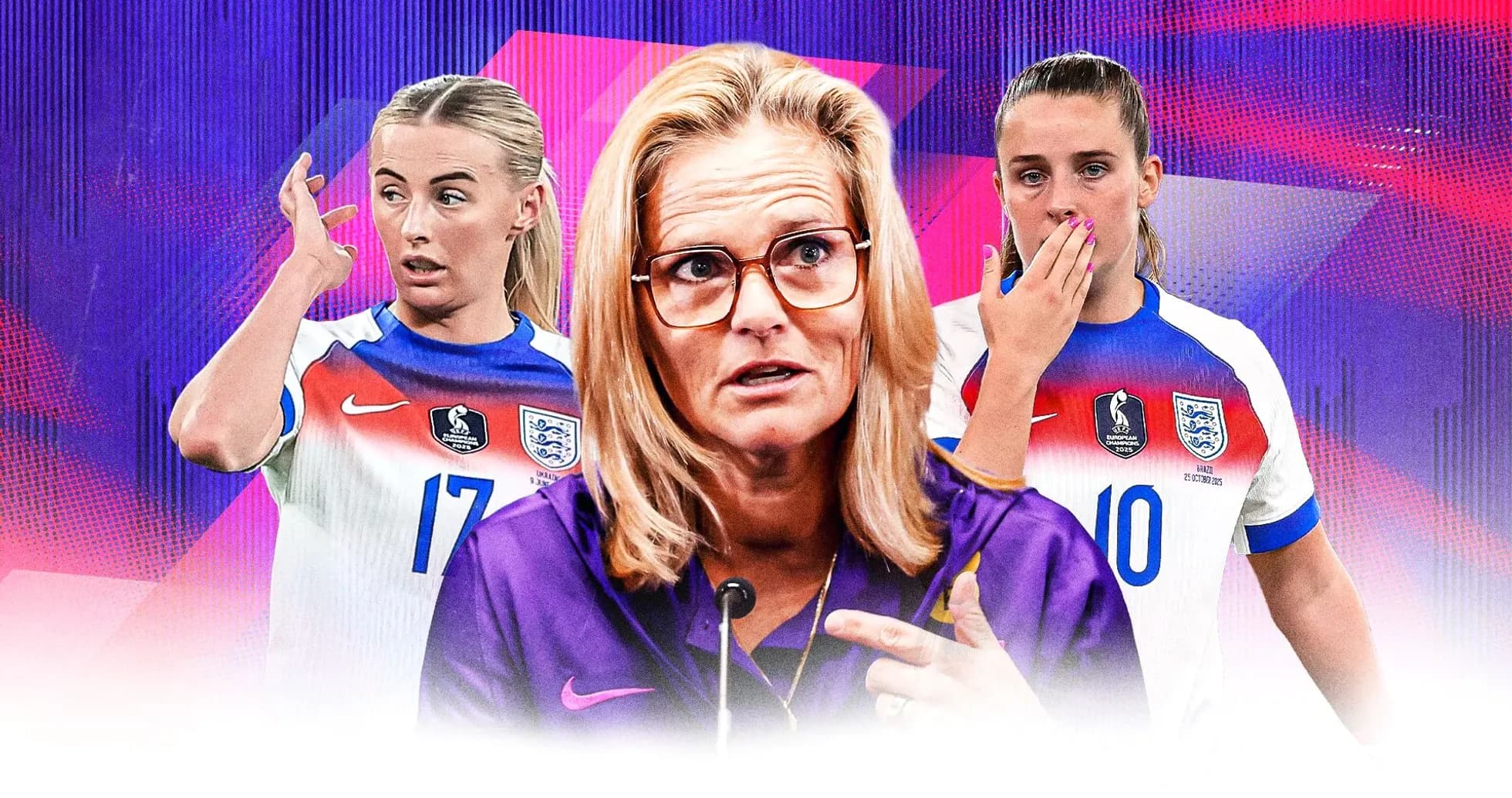 Entrenadora y jugadoras de Inglaterra en conferencia