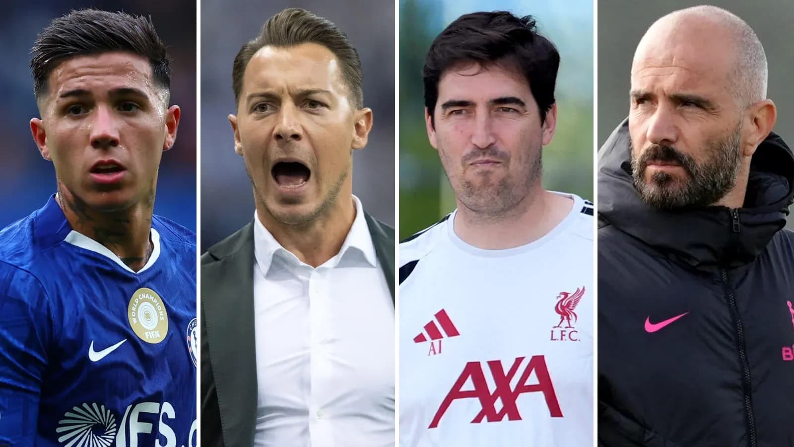 Cuatro personas, un jugador y tres entrenadores de fútbol Cuatro personas, un jugador y tres entrenadores de fútbol