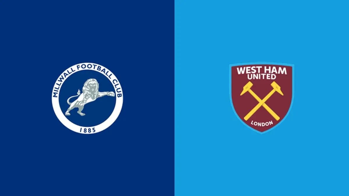 Logos de Millwall y West Ham United en fondo azul Logos de Millwall y West Ham United en fondo azul