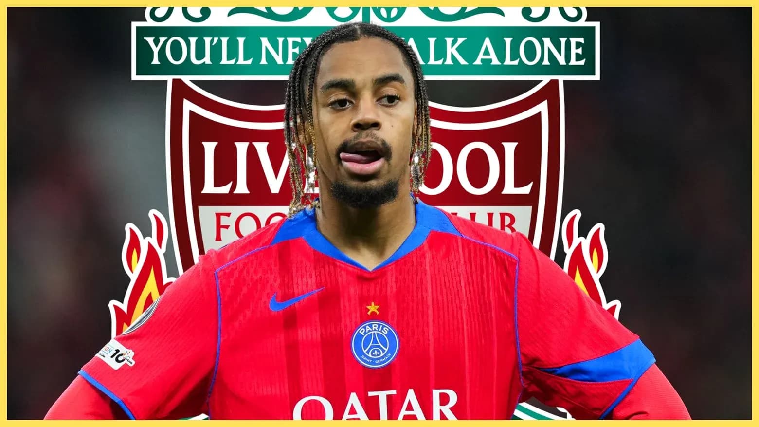 Jugador con camiseta del PSG frente a logos de Liverpool Jugador con camiseta del PSG frente a logos de Liverpool