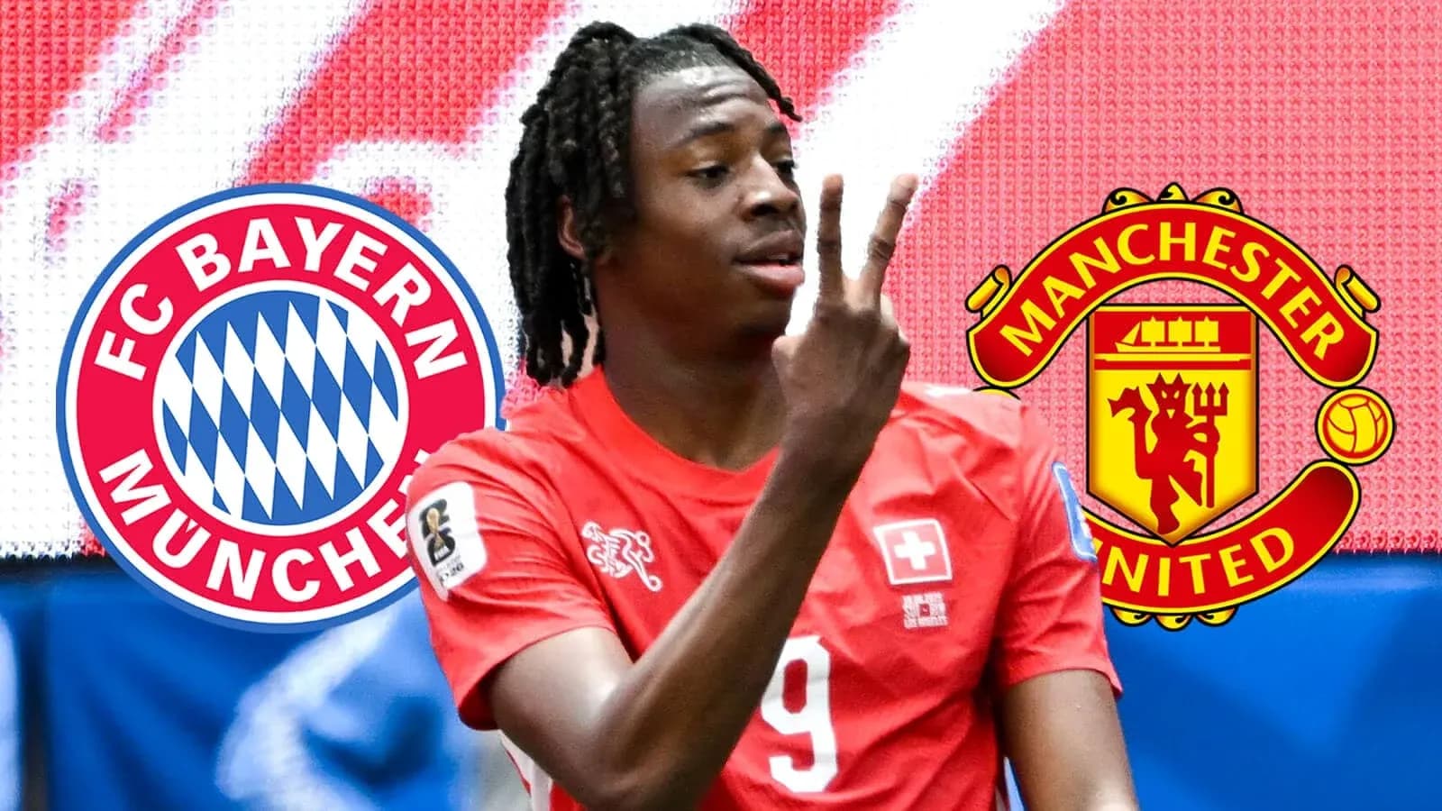 Jugador mostrando dos dedos con logos de Bayern y Manchester Jugador mostrando dos dedos con logos de Bayern y Manchester