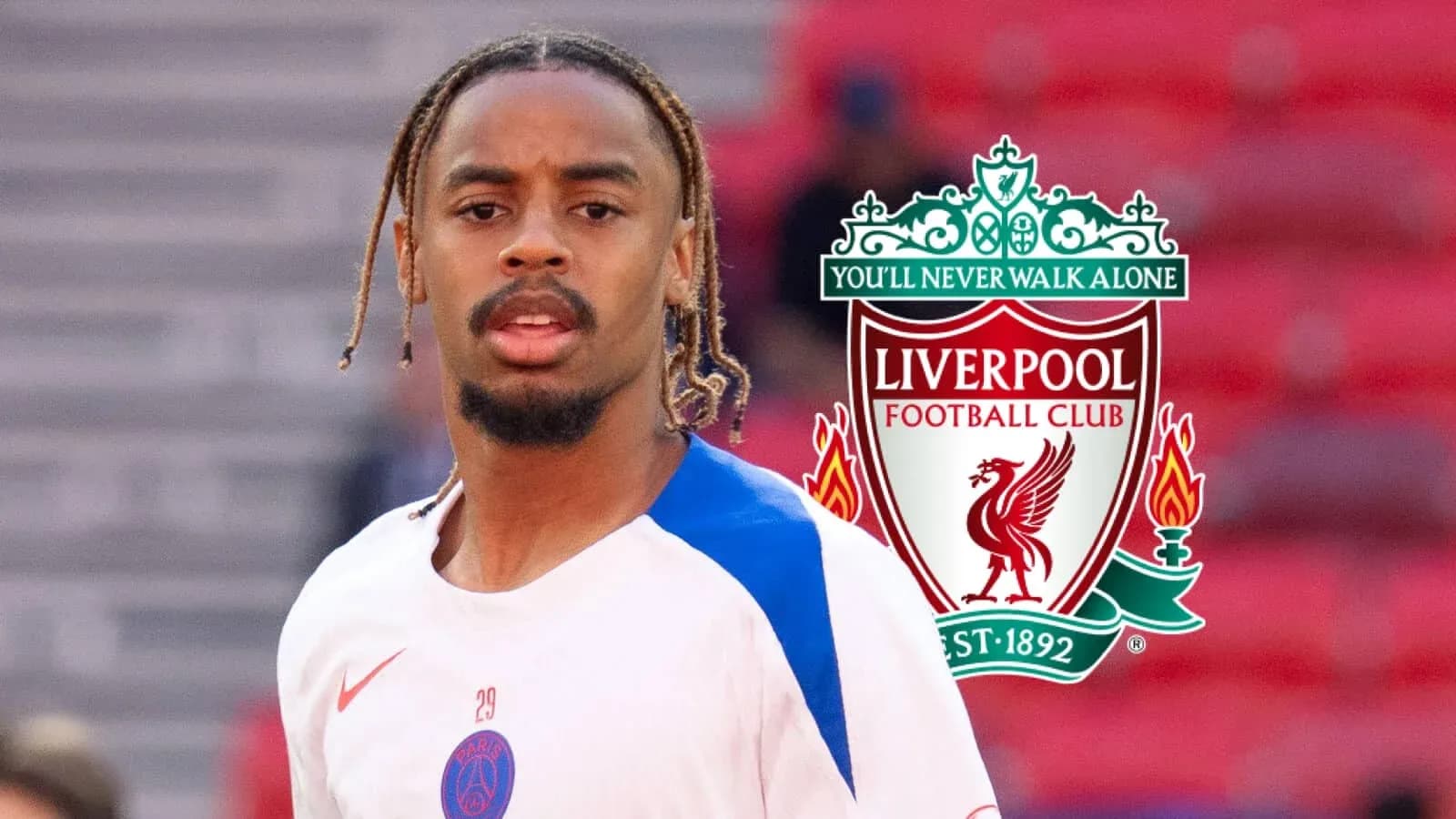 Jugador de PSG con escudo de Liverpool de fondo Jugador de PSG con escudo de Liverpool de fondo