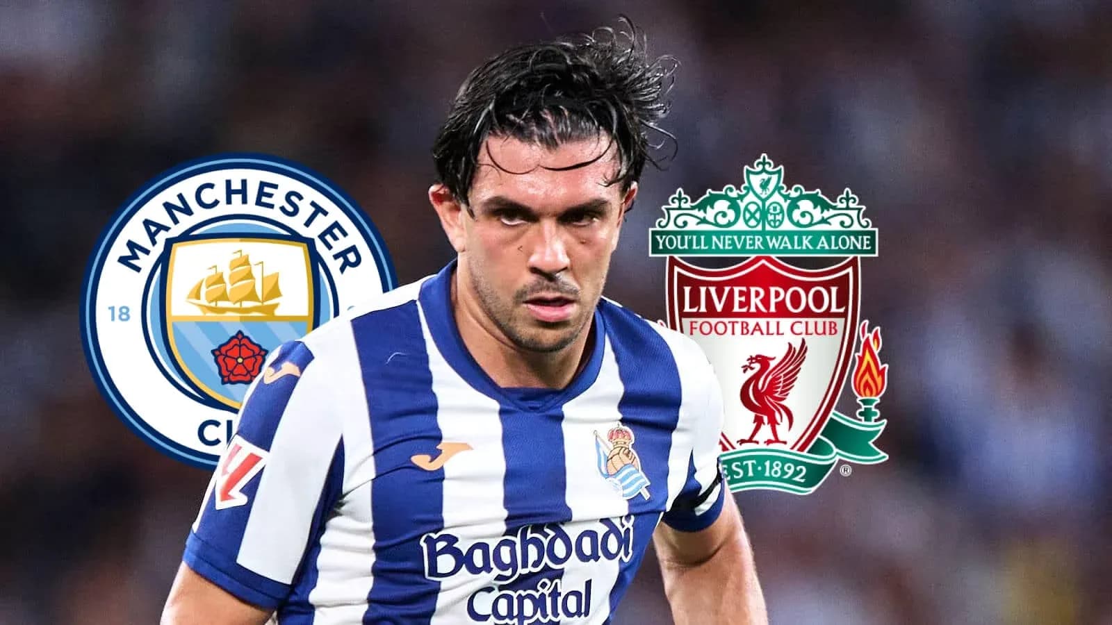 Jugador de fútbol con logotipos de Manchester City y Liverpool Jugador de fútbol con logotipos de Manchester City y Liverpool