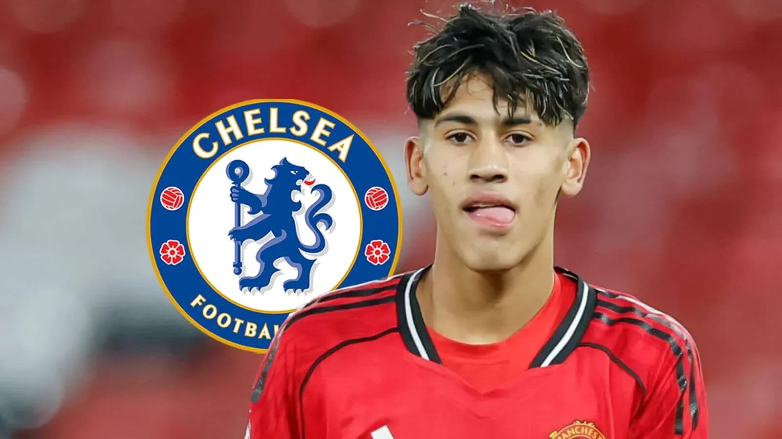 Jugador en uniforme de Manchester United con logo de Chelsea Jugador en uniforme de Manchester United con logo de Chelsea