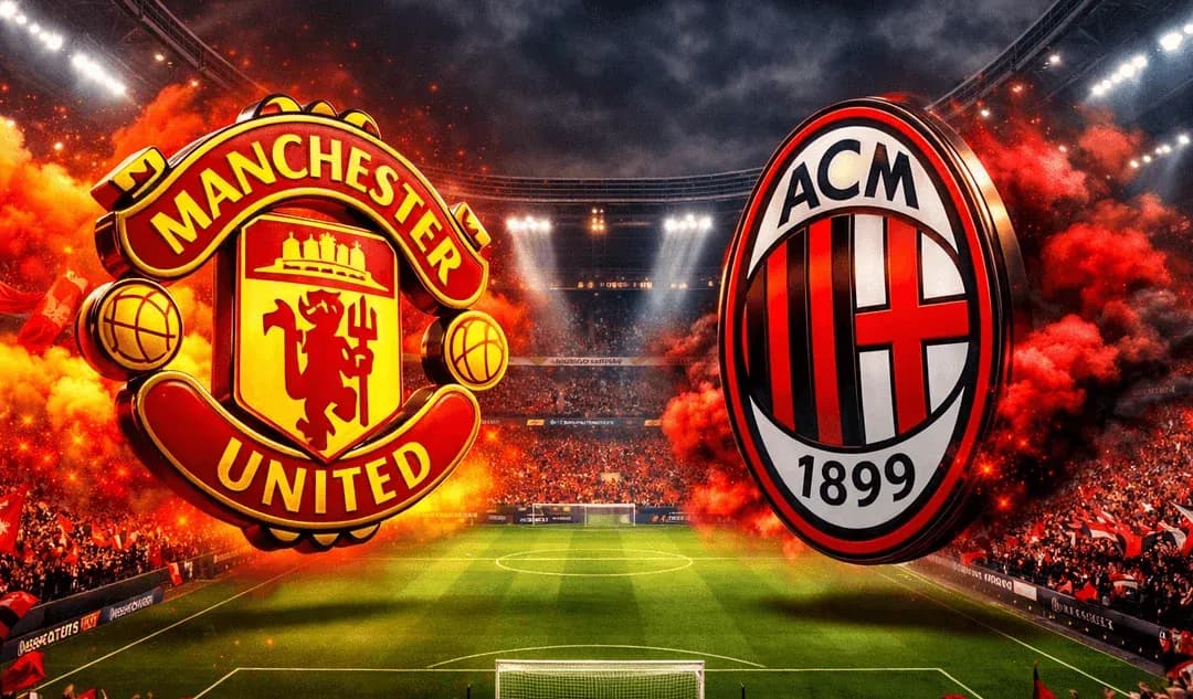 Escudos de Manchester United y AC Milan en el estadio Escudos de Manchester United y AC Milan en el estadio