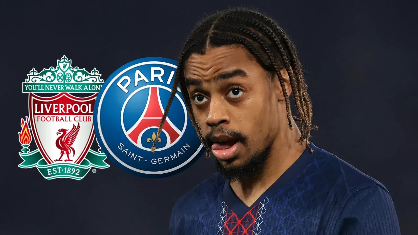 Jugador de PSG con logos de Liverpool y PSG Jugador de PSG con logos de Liverpool y PSG