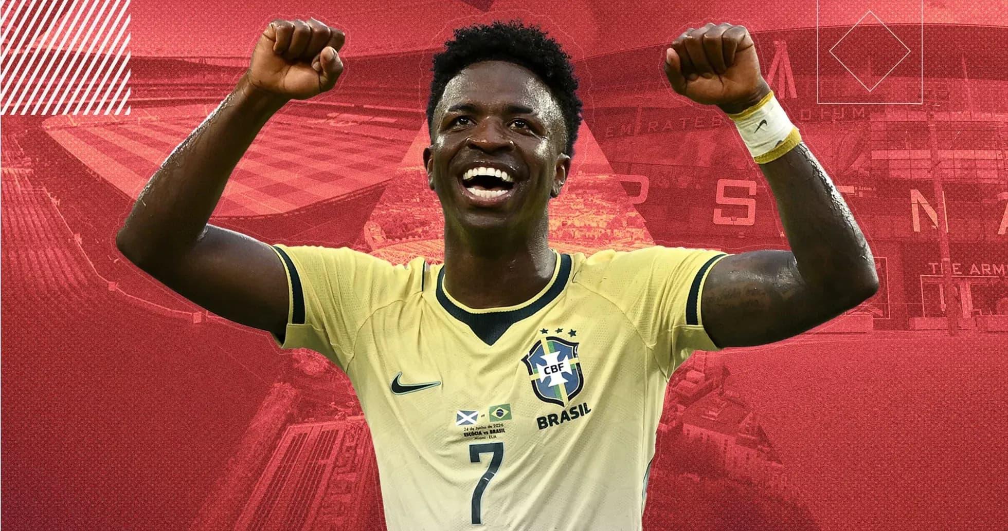 Jugador brasileño celebrando con los brazos levantados Jugador brasileño celebrando con los brazos levantados