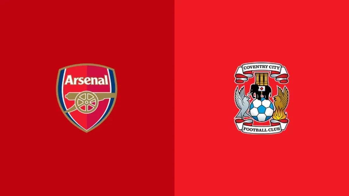 Logos de Arsenal y Coventry City sobre fondo rojo Logos de Arsenal y Coventry City sobre fondo rojo