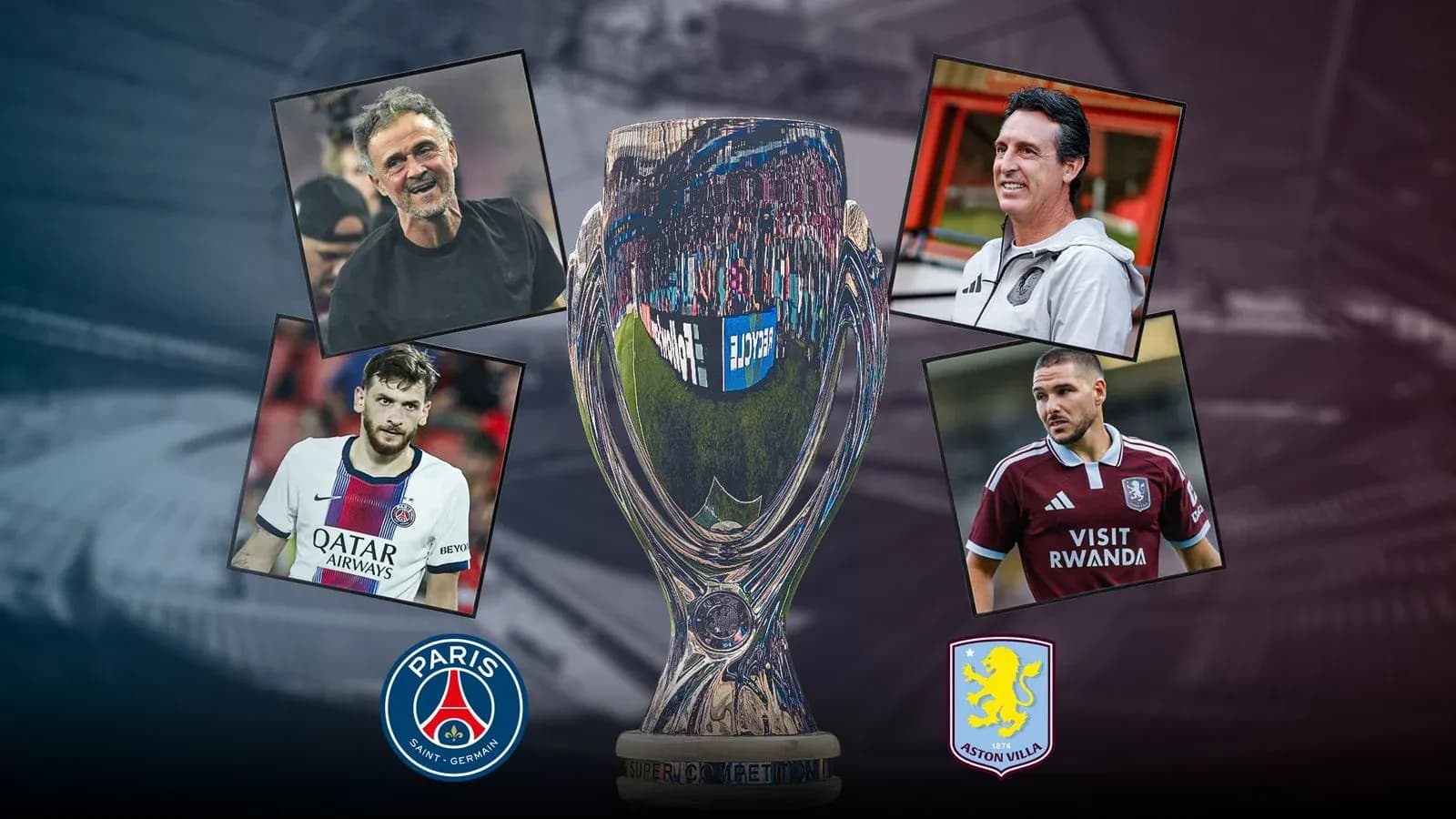 Entrenadores y jugadores de PSG y Aston Villa junto a trofeo Entrenadores y jugadores de PSG y Aston Villa junto a trofeo