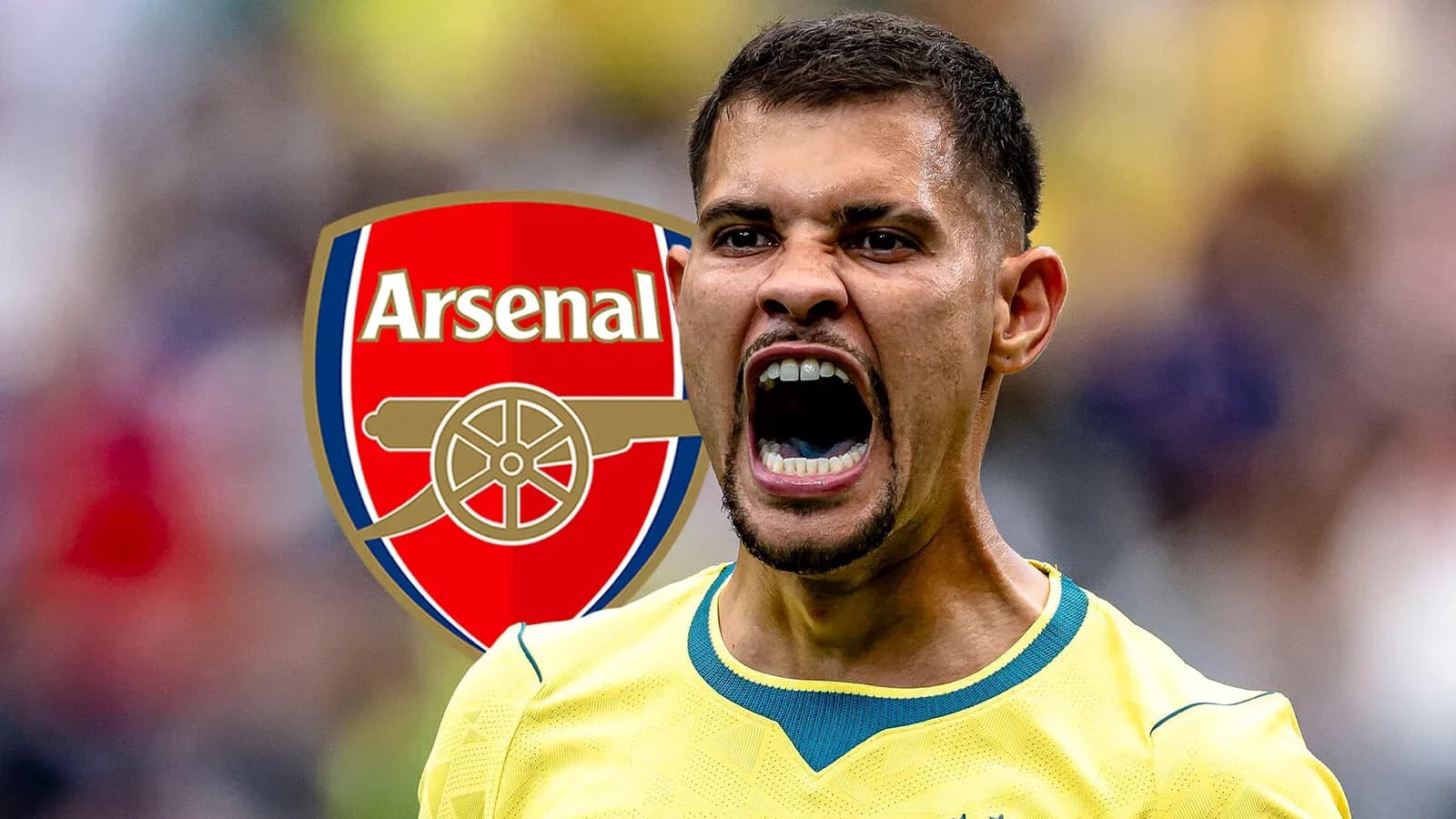 Jugador gritando con el logo de Arsenal detrás Jugador gritando con el logo de Arsenal detrás