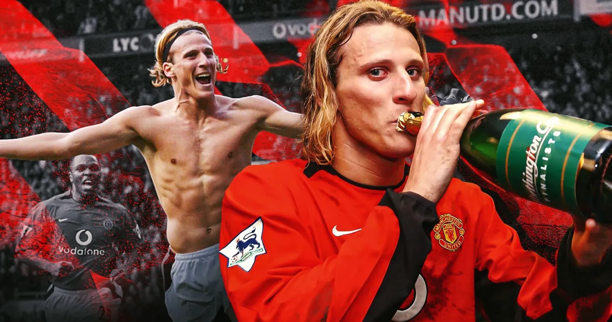 Jugador celebrando con botella de champán en Manchester United Jugador celebrando con botella de champán en Manchester United